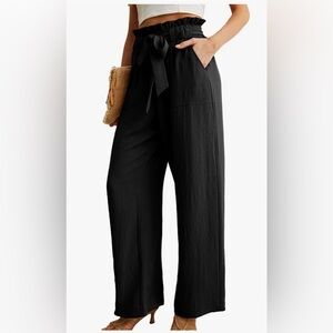 Women’s Black Paperbag Waist Wide-Leg Pants